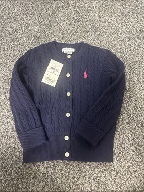 Ralph Lauren Navy Cable-Knit Cardigan with Pink Pony